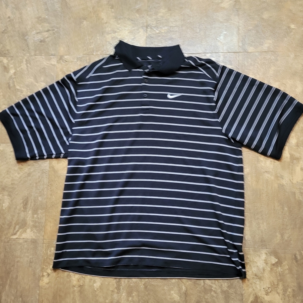 Nike Dri-Fit Polo Shirt Mens Large Black White Short Sleeve Striped Activewear